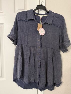 Umgee Indigo Textured Button-Down Short Sleeve Top